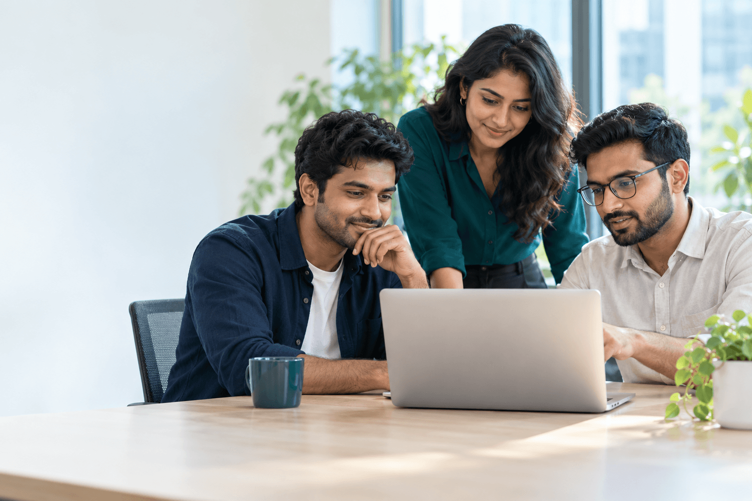 Illustrative scene of three software professionals collaborating around a laptop.